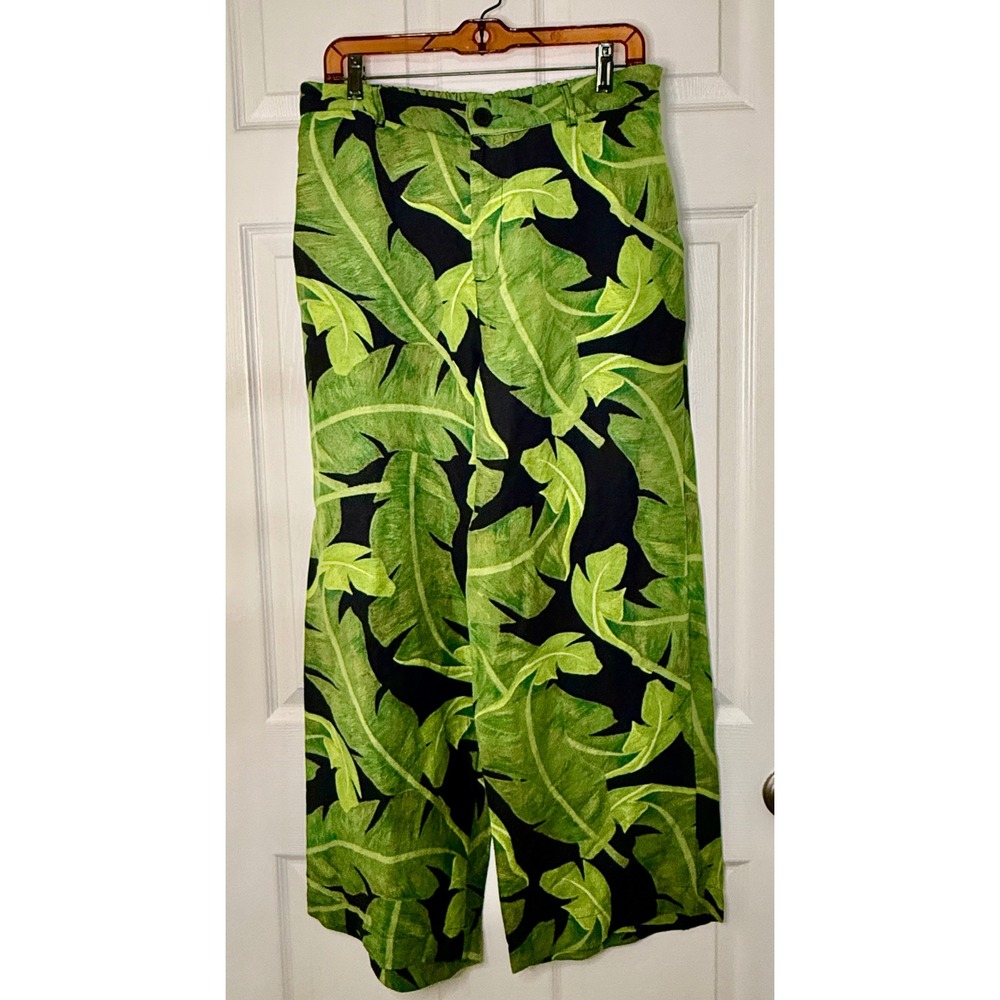 Mixed Tropical Banana Leaf Wide Leg Pants Womens Medium Green Black